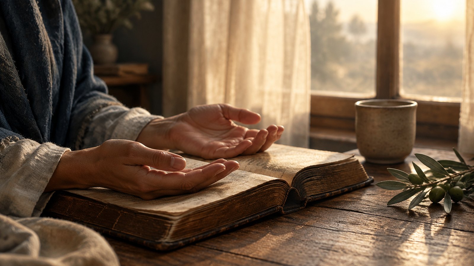 Mains ouvertes sur un livre ancien posé près d'une fenêtre au petit matin